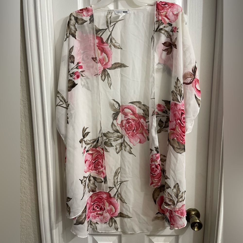 Fashion Nova Sheer Kimono with Pink Floral Design